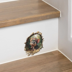 3D cartoon mouse with floral wreath wall sticker for creative home staircase decor