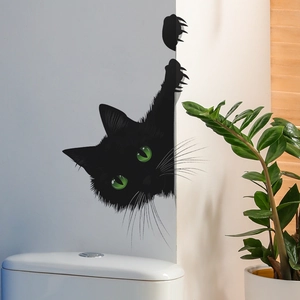 Creative black peeking cat wall decal with green eyes for home living room decoration