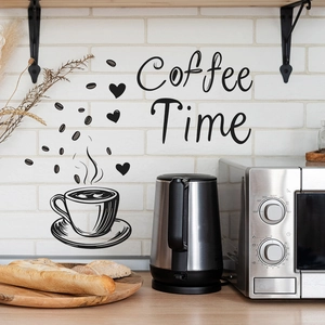 Minimalist Coffee Time wall sticker with hand-drawn cups and coffee beans for kitchen decor
