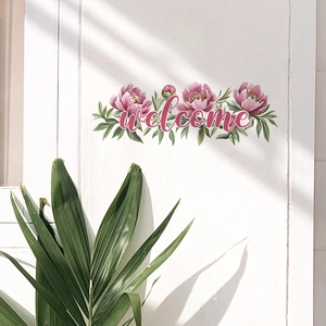 Sticker Mural Slogan Welcome Pivoine Rose PVC Amovible Autocollant d'Art Pour Chambre Salon Porte Décoration Fond Maison