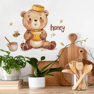 Cartoon brown bear wall sticker with honey jar and bees for kitchen home decor