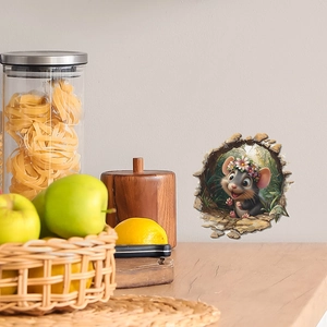 Detailed 3D wall sticker featuring a cute cartoon mouse with floral wreath in a hole