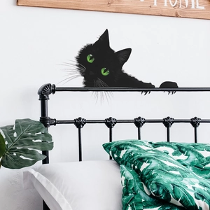 Peeking black cat wall sticker with green eyes for modern bedroom home decor