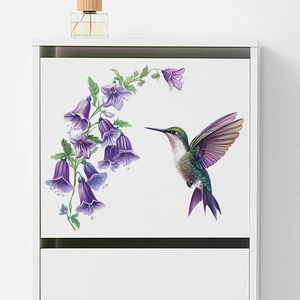 Purple Morning Glory Hummingbird Wall Sticker Waterproof PVC Floral Bird Wall Decal For Living Room Bedroom Bathroom Home Decor