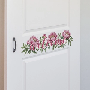 Stickers muraux pivoines roses et lettrage welcome pour décoration de porte intérieure