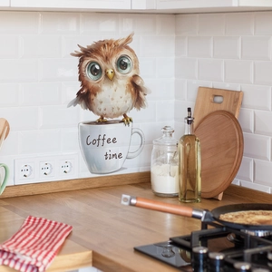 Sticker mural chouette et tasse de café pour décoration de cuisine et salle