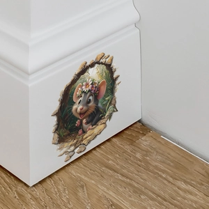 3D mouse hole wall sticker featuring a cute mouse with flower wreath on white wall