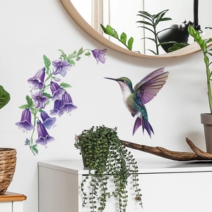 Self-adhesive purple morning glory and hummingbird wall decals for modern living room decor
