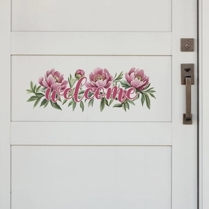 Sticker mural de bienvenue floral avec pivoines roses et feuilles sur porte blanche