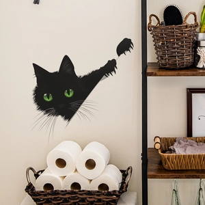 Realistic black peeping cat wall sticker with green eyes for home decor enhancement