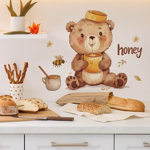 Cute watercolor honey bear and bee wall stickers for kitchen home decor