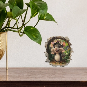 Detailed 3D mouse hole wall sticker with a cute mouse wearing a floral wreath