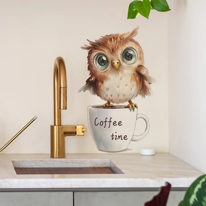 Sticker mural tasse à café hibou dessin animé avec texte Coffee Time pour décoration
