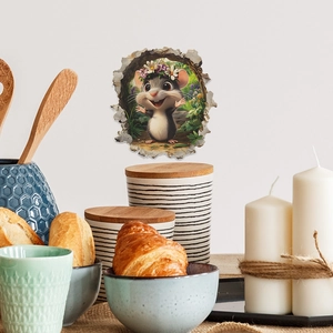 3D cartoon mouse wall sticker with flower crown appearing from a broken wall hole