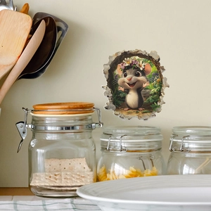 3D cartoon mouse hole wall sticker with floral wreath shown on a kitchen wall