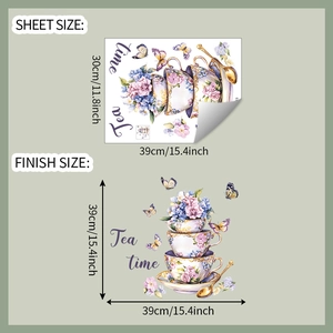 Floral coffee cup wall decal with tea time butterflies and watercolor flower detail