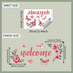 Detail view of flower butterfly wall sticker with Welcome text and size dimensions