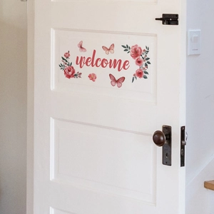 Pink floral Welcome wall sticker with butterflies for home bedroom and door decoration