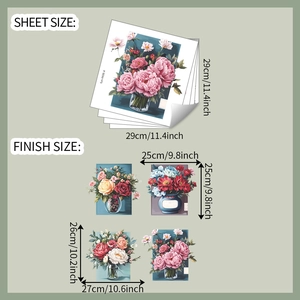 Detailed view of floral wall stickers showing sheet dimensions and finished size layout