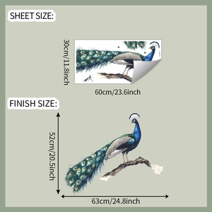 Detailed sheet and finish size dimensions for the peacock wall sticker decoration