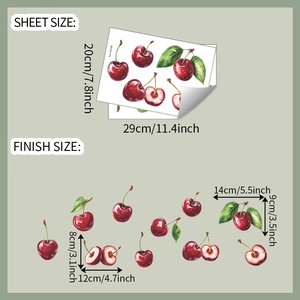 Detail view of red cherry wall stickers with product dimensions for home kitchen decor