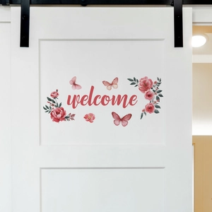Welcome wall decal with pink peonies and butterflies for bedroom and study room doors