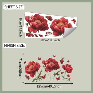 Detailed sheet size and wall finish layout for red peony and butterfly wall stickers