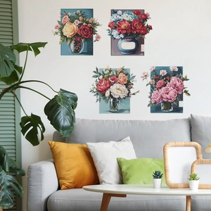 Set of four floral oil painting wall stickers featuring colorful flower vases in a living room
