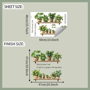 Detail showing 40x60cm sheet size and 47x47cm layout of green potted plant wall stickers