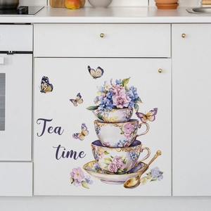 Watercolor floral teacup wall sticker with butterflies and tea time text for kitchen decor