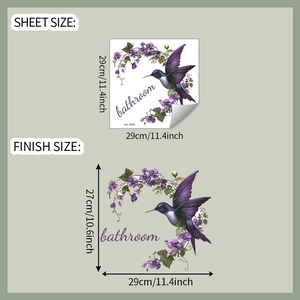 Detailed sheet and finish size dimensions for hummingbird and morning glory wall sticker