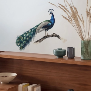 Elegant watercolor peacock wall decal on tree branch for living room home decor