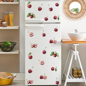 Realistic red cherry stickers set applied on white refrigerator for kitchen decoration