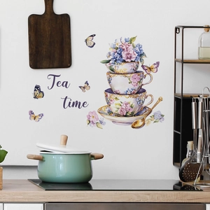 Watercolor floral coffee cups and butterflies wall sticker for kitchen tea time decor