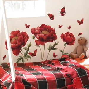 Peony and butterfly wall stickers for bedroom home decoration in vibrant red tones