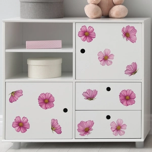 Stickers muraux fleurs de cosmos roses pour décoration de meubles blancs de chambre