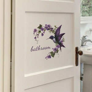 Purple morning glory floral wall sticker with hummingbird and bathroom text for home decor