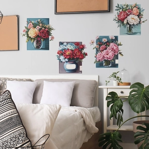Set of four floral wall decals featuring colorful flowers in artistic vases for home decor