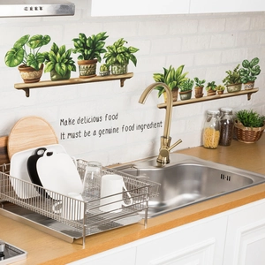 Realistic green potted plant wall stickers for kitchen with wooden shelves design