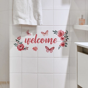 Watercolor Peony Flower Butterfly Welcome Letter Wall Sticker PVC Waterproof Art Door Decal For Bedroom Home Background Decor