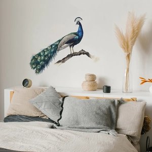 Elegant peacock wall sticker decor for living room featuring vibrant blue and green feathers