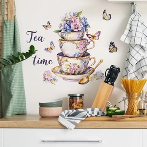 Floral coffee cup and butterfly wall sticker with Tea Time text for home kitchen decor