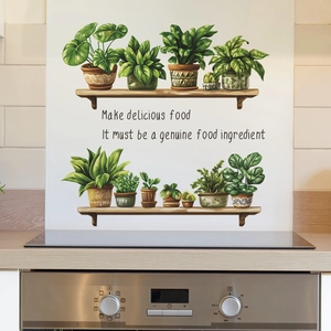 Green potted plants wall sticker with kitchen quote on wooden shelves for home decor