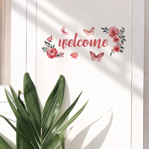 Romantic pink floral butterfly welcome wall decal for home entrance decoration