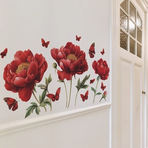Peony and butterfly wall decals for living room, red floral PVC self-adhesive stickers