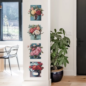 Set of four floral wall decals featuring colorful vases for modern living room decor