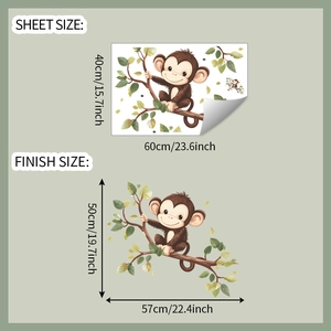 Detailed sheet and finish size dimensions for cartoon monkey climbing a tree wall sticker