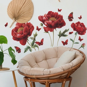 Realistic red peony flowers and butterfly wall decals for home living room decor