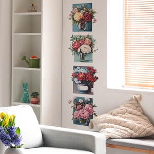 Set of four floral vase wall decals in a modern living room featuring roses and peonies