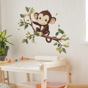 Cute cartoon monkey on tree branch wall sticker for kids bedroom and nursery decor